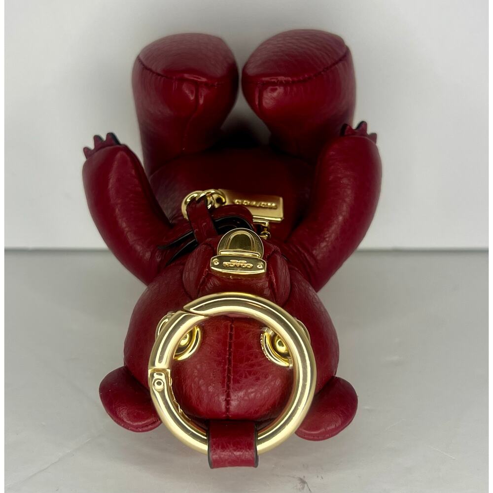 Coach CP369 Red Pebble Leather Bear Bag Charm Keychain Gold Tone Ring Fob - Picture 4 of 5